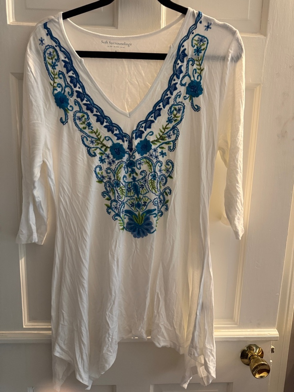 Soft Surroundings White V-Neck Tunic with Blue & Green Embroidery
